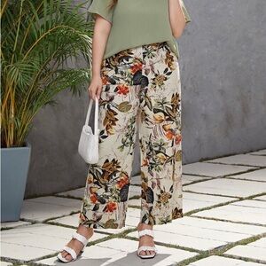SHEIN Floral Tropical Multicolor Wide Leg Pull On Pants Elastic Stretchy Waist
